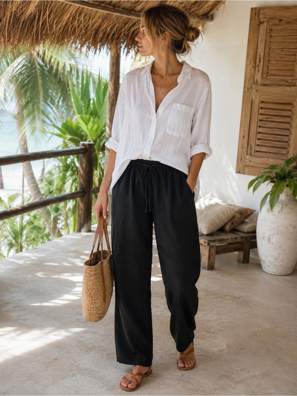 Giorgio Sant’Angelo 100%Linnen Pants Medium Black Drawstring Relaxed Resort Boho